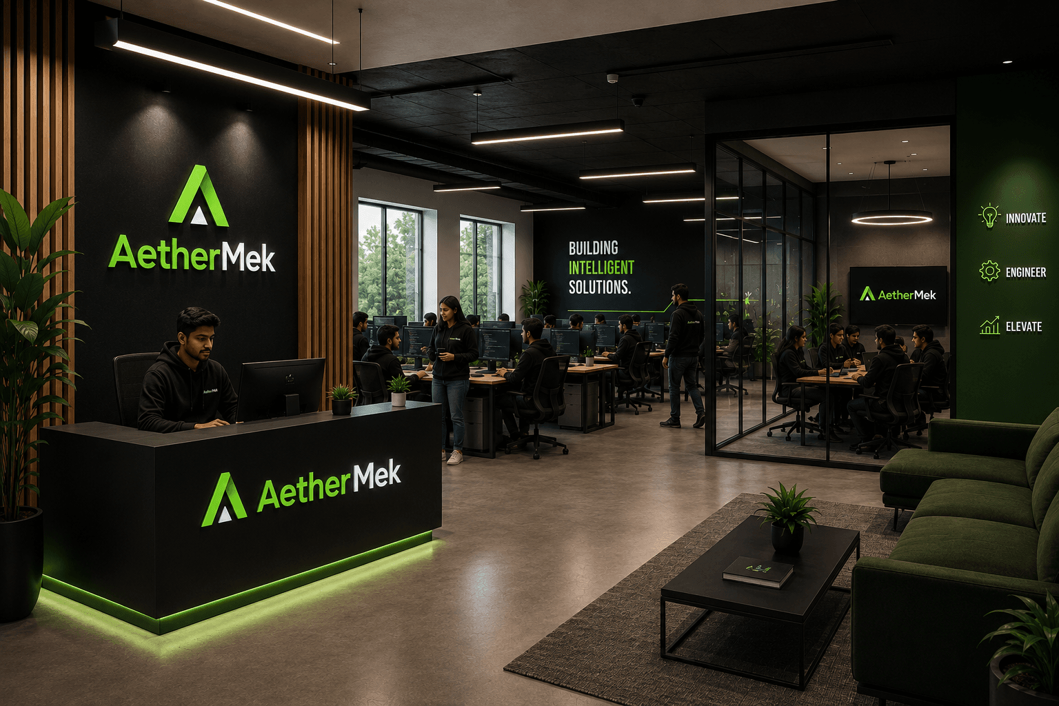 AetherMek founder in branded workspace